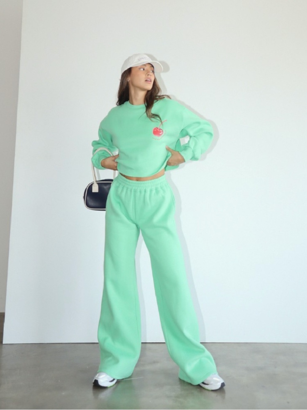 Cherry Sweatsuit Set - wide leg sweatpants cropped crewneck